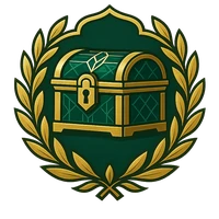 Embleem van Tesor Casino met een schatkist en verfijnde gouden details